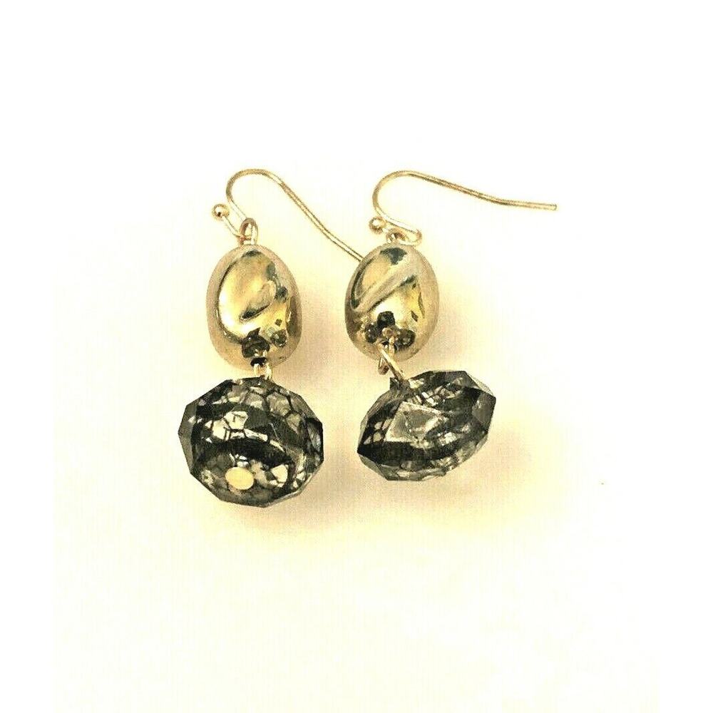 2 Bead‎ Gold-Tone & Gray Dangle Earrings 1 1/4"